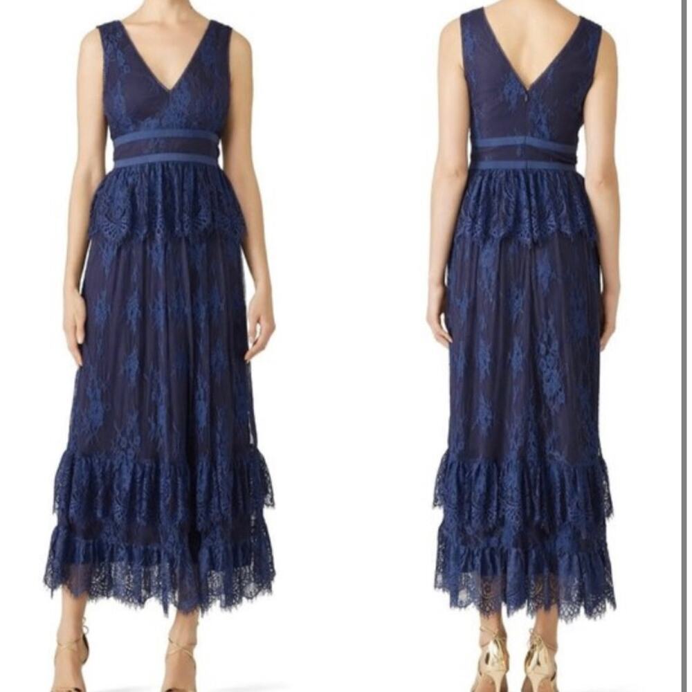 PARKER Women's  Navy Blue Veronica Lace Tiered Sleeveless Maxi Gown Size 10
